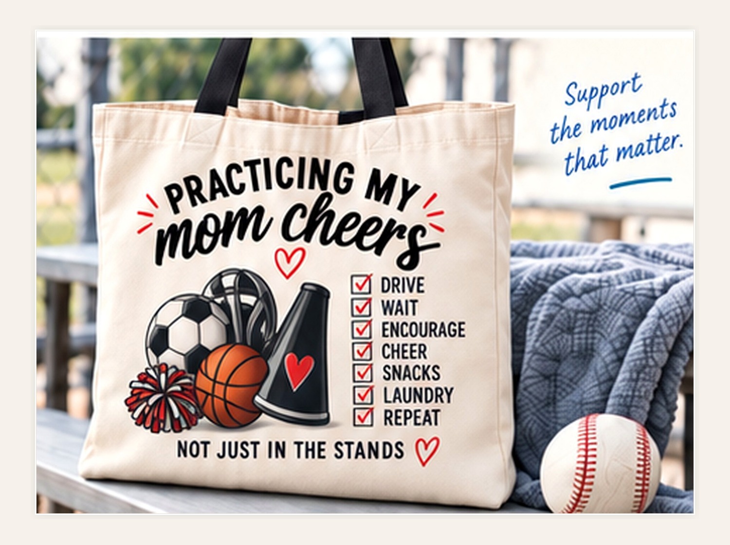 Sports mom tote with full-color sublimation design