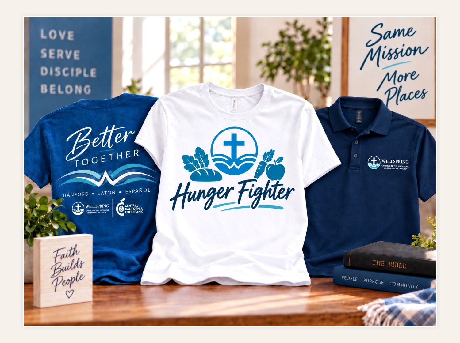 Wellspring shirts and polo for teams, groups, and food distribution volunteers