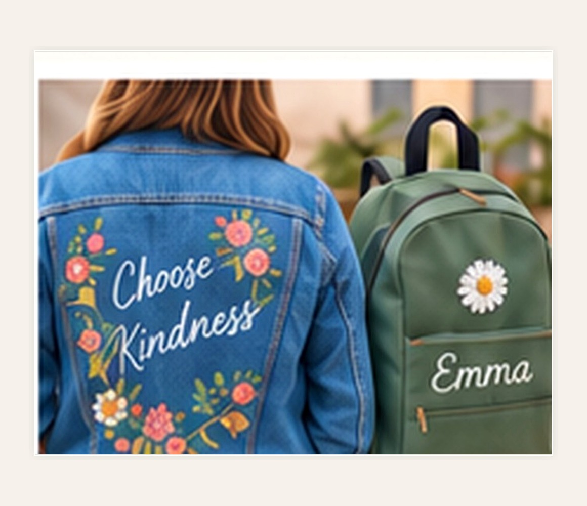 Embroidered denim jacket and personalized backpack