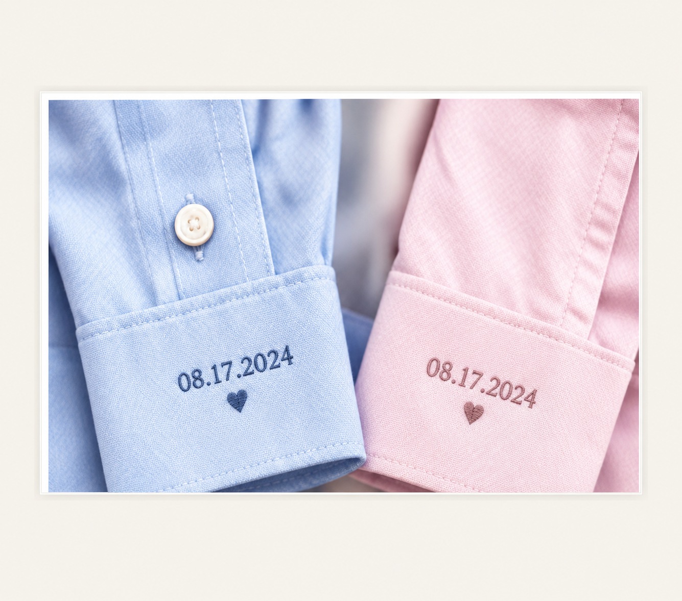 Pastel Oxford shirt cuffs with wedding date embroidery